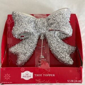Holiday Time Glittering Silver Bow Tree Topper
